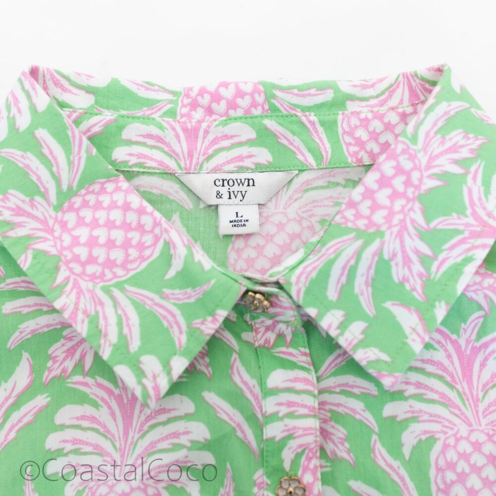 Crown & Ivy Pineapple Button Down L Shirt 100% Cotton Tropical Vacation Coastal - Picture 5 of 12